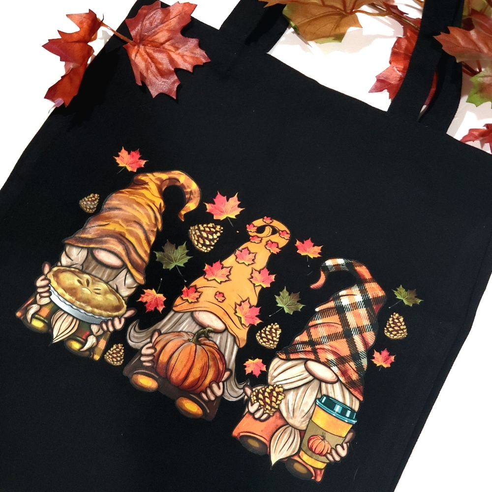 Black 3 Gnome Autumn Themed Print Canvas Tote Purse Shoulder Handbag Travel NWOT